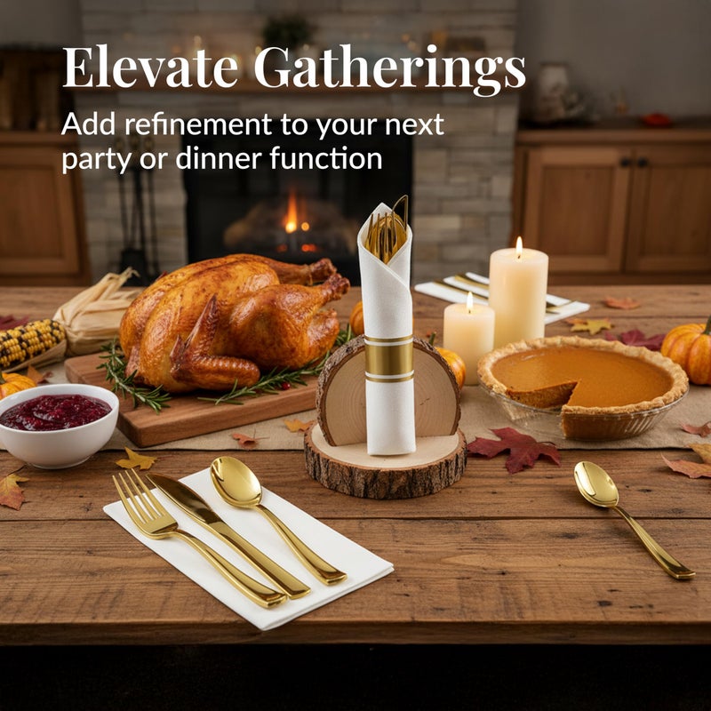 Prestee 200 Piece Gold Plastic Silverware Set for 50 Guests - Premium Pre Rolled Cutlery Set with Napkins - Elegant Disposable Silverware with Forks, Knives, and Spoons for Weddings and Thanksgiving - Image 2